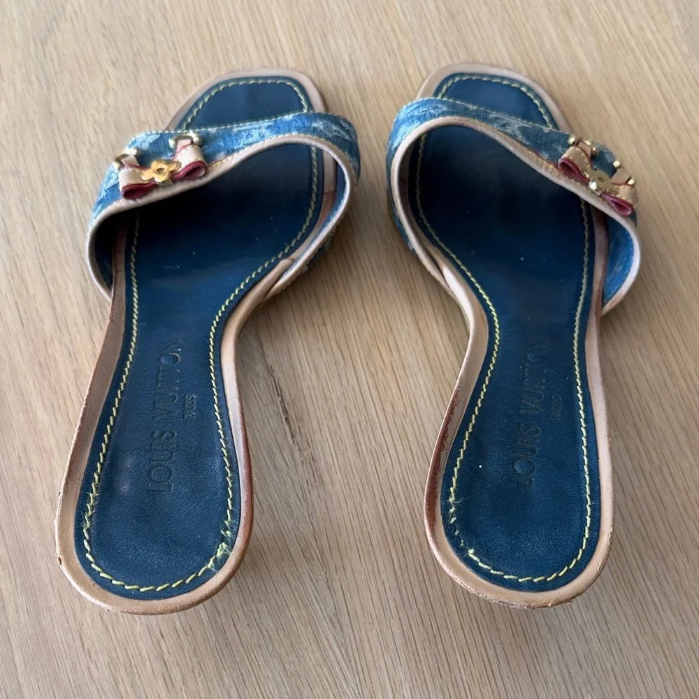 Louis Vuitton Blue Denim Monogram Slide Mules with Red Trim - Picture 2 of 3